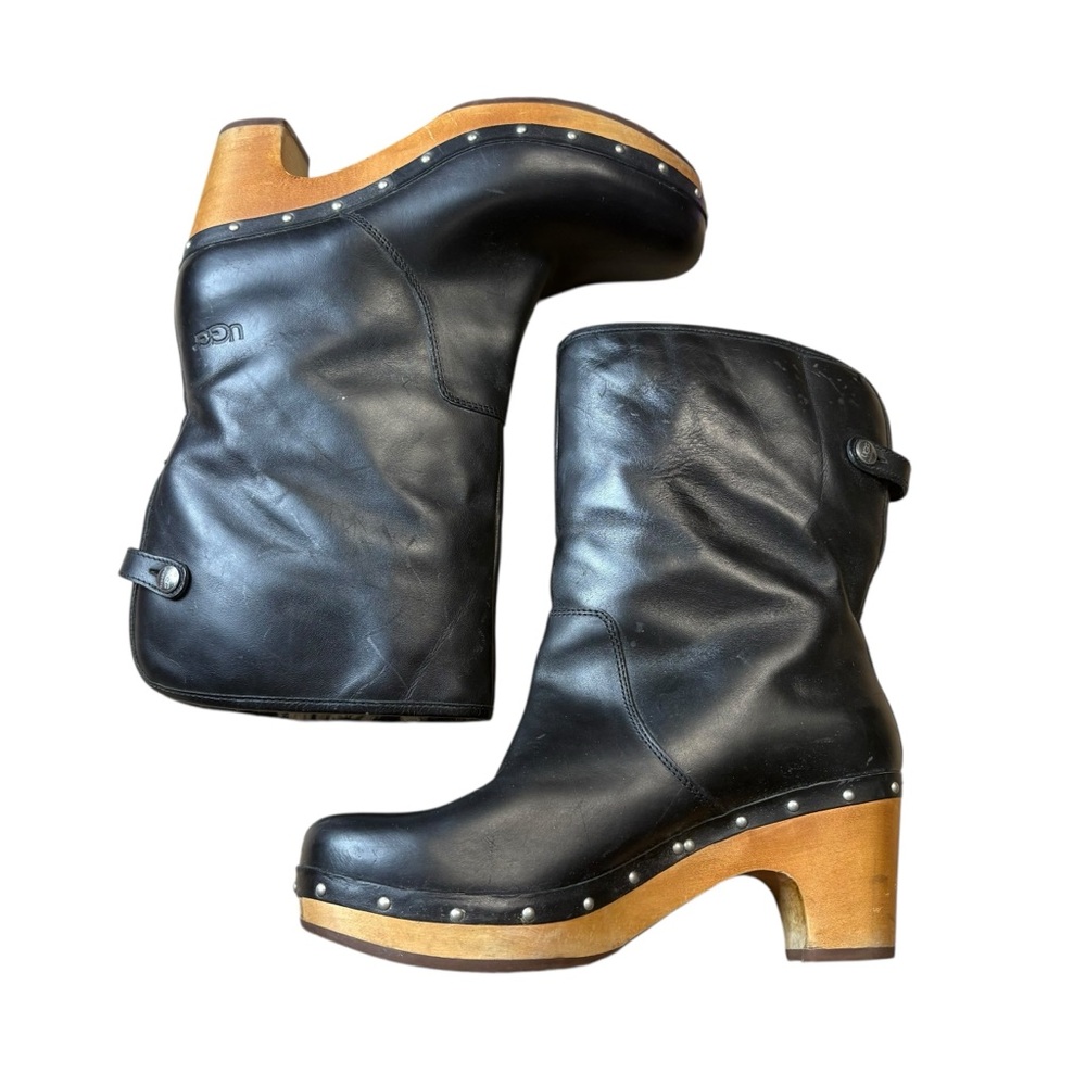 UGG Lynnea boots wooden clog heel Black Leather Sherpa gossip girl size 10 women - Picture 4 of 10